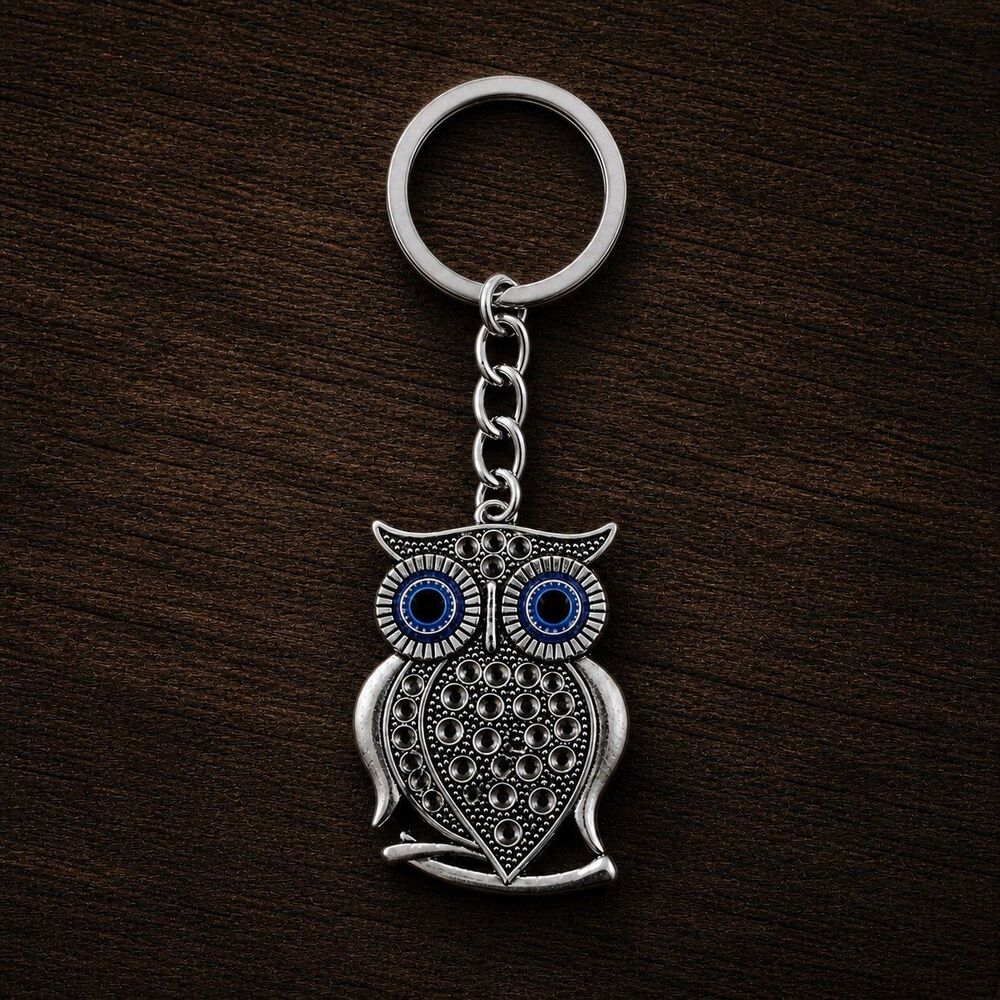 Boho Owl Keychain Evil Eye Charm Silver Metal Keyring Gift